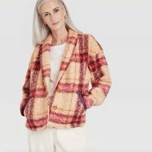 KNOX ROSE Teddy Jacket Large Beige Plaid Womens Fleece Cozy Coat NWOT